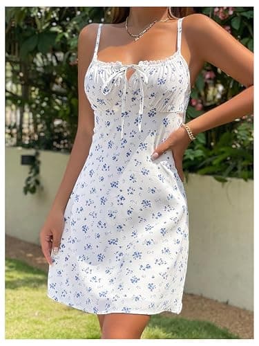 Floerns Women's Floral Print Tie Front Sleeveless Ruched Bust Boho Cami Dress thumbnail 3