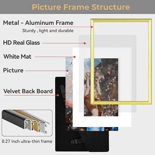Fkvat 11x14 Picture Frame Set of 3, Matte Gold Modern Aluminum Metal Photo Frame with HD Glass, Fits 8x10 with Mat or 11 x 14 without Mat, for Horizontal Wall Mounting thumbnail 5