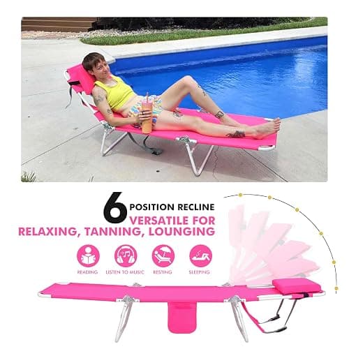 3 in 1 Women Comfort Backpack Beach Tanning Lounge Chair with Cushion Face Hole Softer Padded Adjustable Washable, Layout Sun Chair for Adults Outside Reading Sunbathing Poolside, 6 Position, Pink thumbnail 6