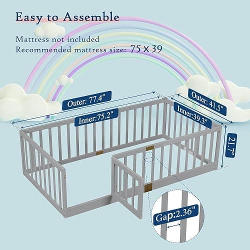 Tatub Twin Montessori Floor Bed with High Rails, Solid Wood Montessori Bed Frame for Kids, Door Can Install Left and Right, Twin-Grey thumbnail 2