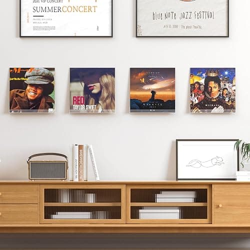 upsimples 4 Pack Vinyl Record Wall Mount Shelves, 12" Vinyl Holder for Album Record Storage & Display, Clear Acrylic Floating Shelves for Wall Decor, Kids Bookshelf, Magazine Rack, Picture Ledge thumbnail 2