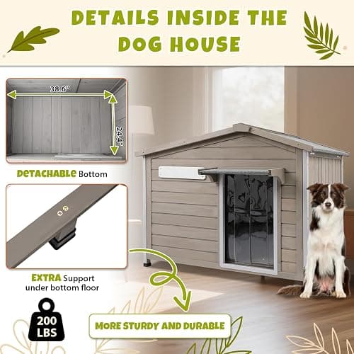 PetsCosset 40.2" L Large Dog House Outdoor & Indoor,Fir Wood Dog Kennel with Weatherproof Openable Asphalt Roof,Spacious Doghouse with Anti-Chewing Metal Edges for Small & Medium & Large Dogs,Grey thumbnail 6