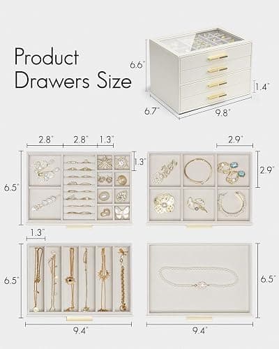 Vlando 4 Layer Jewelry Box for Women, Glass Lid Jewelry Organizer with 4 Drawers for Necklaces Rings Earrings Bracelets - Cloud White thumbnail 2