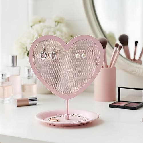 Parlor Boudoir Heart Shaped Jewelry Organizer Stand Pink Metal Earring Holder for Girls with Tray Storage for Rings & Bracelets Cute Vanity Jewelry Display and Room Decor Aesthetic for Teen Girls thumbnail 2