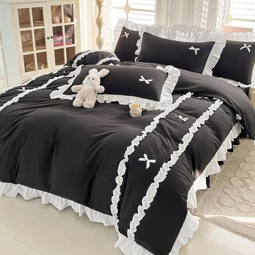 IHOUSTRIY Black Halloween Duvet Cover Twin Size, Cute Bow Duvet Cover Set with Zipper Closure, 2 Pieces White Ruffle Soft Microfiber Bedding Set with 4 Ties (66"x90", 1 Pillow Cases) - Image 1