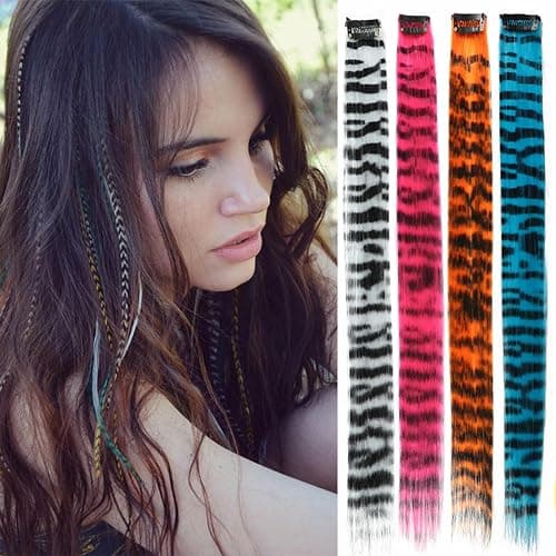3Pcs Stripe Printed Wig Piece Colorful Long Straight Clip-in Hair Extensions For Daily Use Party Halloween thumbnail 5