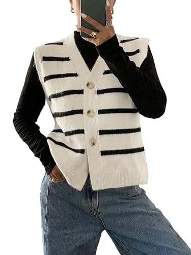 SHENHE Women's Striped Sweater Vest Sleeveless Button Up Dressy Casual Knit Vest Cardigan - Image 1