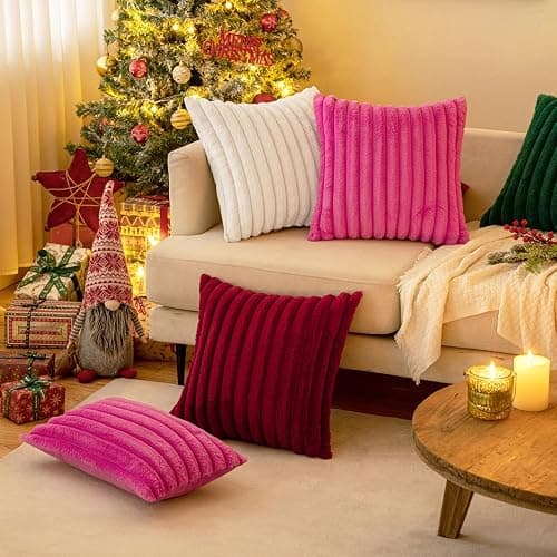 MIULEE White Throw Pillow Covers 18x18 Inch Set of 2 Fuzzy Striped Soft Pillowcase with Velvet Back Faux Rabbit Fur Cushion Covers Christmas Decorative Home Pillows for Sofa Couch Bedroom Car thumbnail 9