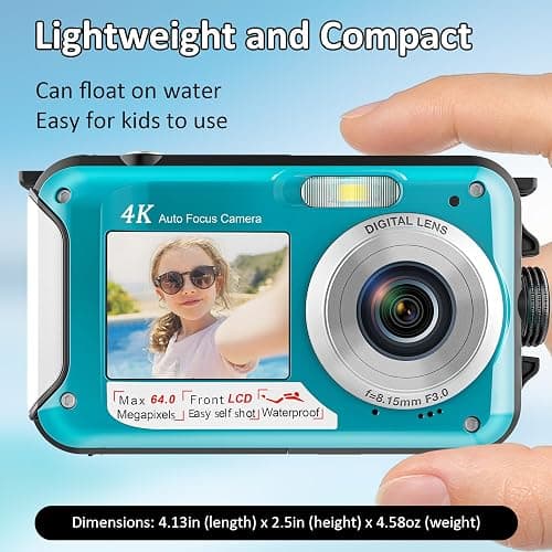 4K Underwater Camera 16FT Waterproof Camera with 32GB Card 64MP Autofocus Dual-Screen Selfie Underwater Camera for Snorkeling Waterproof Compact Floatable Digital Camera 1250mAh Battery Type-C thumbnail 5