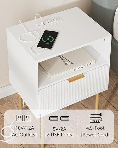 Aienvey Nightstand with Charging Station, Small Side Table, Modern Night Stand with Drawers, Bedside Table for Bedroom, Living Room End Table, White Stripe thumbnail 4