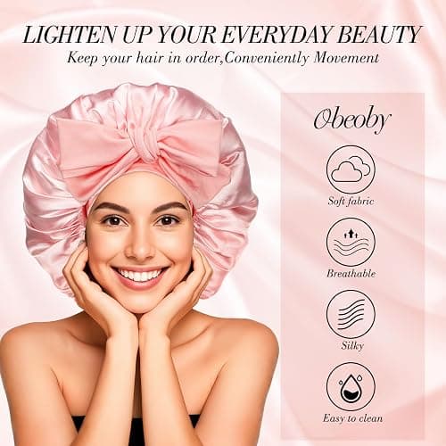 Double-Layer Satin Silk Sleep Bonnet for Women with Adjustable Tie Band - Hair Protection for Curly Natural Wavy Hair - Includes 1 Free Silk Hair Scrunchies, Pink Birthday Mothers Day Gifts thumbnail 2