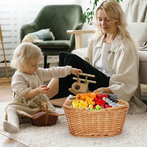Weidenkorb mit doppelt klappbaren Griffen, natürlicher großer Weidenkorb, leerer Korb, günstige Ostereier, Süßigkeiten, Aufbewahrung, Weinkorb für Spielzeug, Blume, Hochzeit (weiß, 40,6 cm) thumbnail 6