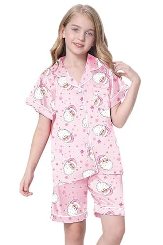 Schbbbta Girls Womens Pajamas, Satin Silky Pjs Set Kids 2Pcs Button-Down Nightwear Sleepwear Gift for Mommy and me thumbnail 4