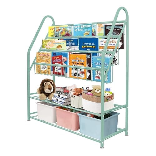 aboxoo Metal Kids Bookshelf Green Freestanding for Children Room 32 in Toy Organizer Book Unit Storage Large Green Stable Bookcase Bookstore Living Room Bed Room Library - Image 1