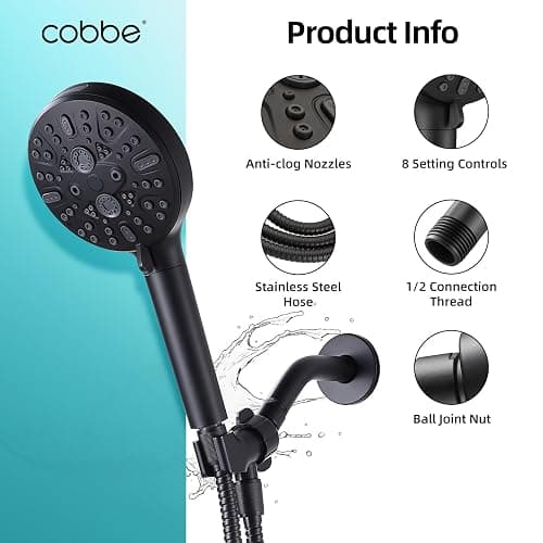 Cobbe Filtered Shower Head, High Pressure 9 Spray Mode Handheld Shower Head with Filter Built-in Power Wash with Hose and Water Softener for Hard Water Remove Chlorine, Matte Black thumbnail 6