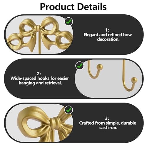 XHIPY Gold Bow Hooks Coat Rack, Wall Mount Coat Hook, Bow Room Wall Decorations, Wall Hook for Hanging Coat, Hat, Jacket thumbnail 4