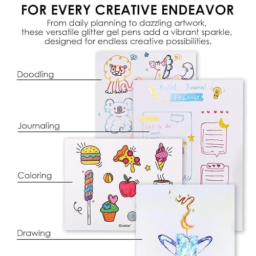 Grabie 18 Color Glitter Gel Pens, Retractable Sparkle Art Pens | Retractable Design, Smooth Gel Ink, Sparkling Finish, Acid Free Ink, Quick Drying, Coloring Books, Journaling, Drawing thumbnail 7