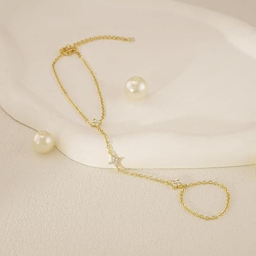 Bheop Bracelets for Women 14K Gold Silver Plated Ring Bracelet Hand Chain Dainty Evil Eye Heart Clover Daisy Cubic Zirconia Stackable Link Chain Hypoallergenic Body Jewelry Cute Trendy Gifts - GD-clover hand chain thumbnail 5