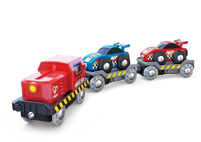 Hape Race Car Transporter | Six-Piece Wooden Toy Train Car Transport Set for Kids thumbnail 4