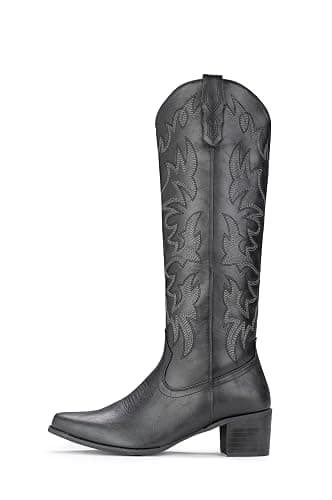 IUV Cowboy Boots For Women Knee High Western Cowgirl Boots Snip Toe Side Zipper Chunky Heel - 9.5 - Black thumbnail 3