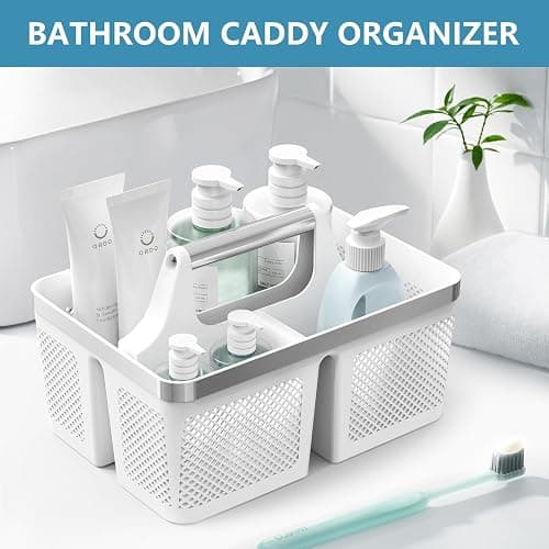 BYUNER Plastic Shower Caddy Dorm: Portable Bathroom Caddy Organizer with Handle and Holes, Cleaning Basket, Hard Shower Basket Storage Tote for Toiletry, College Dorm Room Essentials White/Silver thumbnail 8