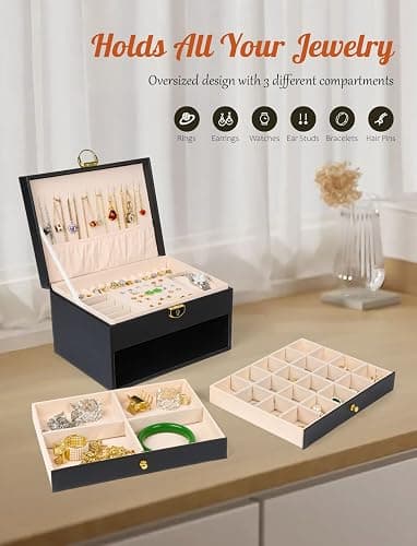 SYCARON Large Jewelry Box Organizer for Women Girls, 3 Layers PU Leather Jewelry Storage Case with Lock for Women and Girls Necklace Bracelets Earrings Rings Organizer, Black thumbnail 5
