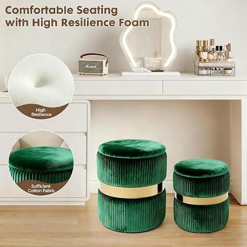 2BYF Round Ottoman with Storage Set of 2 Vanity Stool Foot Rest with Removable Lid for Bedroom Green Velvet Storage Ottoman Stool for Living Room Bedroom and Dorm thumbnail 5