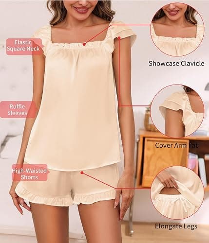 Frcdaunrs Satin Pajama Set for Women 2 Piece Silk Pjs Ruffle Sleeve Top and Shorts Cute Bridal Sleepwear Set S-XXL thumbnail 8