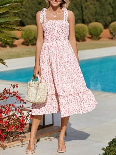 Imily Bela Womens Summer Floral Boho Dress Tie Strap Square Neck Smocked Ruffle A Line Beach Long Maxi Dresses thumbnail 4