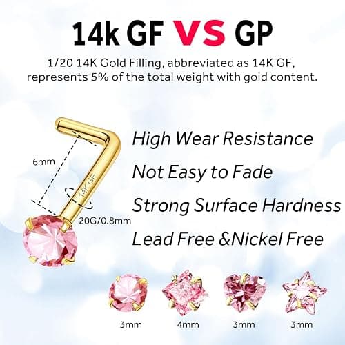 ALACLO 14K Gold Filled 4Pcs Nose Studs 20G Gold Nose Rings Studs for Women Men L Shaped Nostril Piercing Jewelry Hypoallergenic thumbnail 2