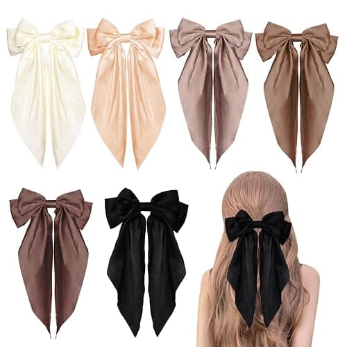 6 Pack Large Bows for Women - Big Solid Color French Hair Bow Clips with Long Tail Barrettes - Image 1