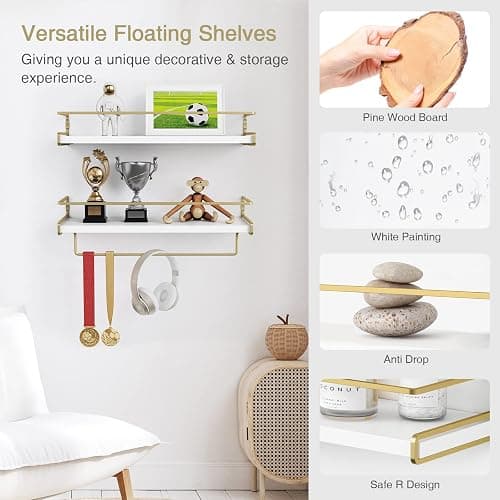 Forbena Floating Bathroom Shelves Wall Mounted, Aesthetic White and Gold Shelves for Bathroom Accessories, Modern Bathroom Organizer with Tower Bar for Wall Decor Storage Small Spaces, Set of 2 thumbnail 7