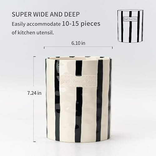 JIEMEI HOME Kitchen Utensil Holder, 7.2" Ceramic Stable Utensil Crock for Countertop, Modern Minimalism Style Cooking Tool Organizer with Cork Mat, Spatula Holder For Kitchen Decor, Black stripes thumbnail 2