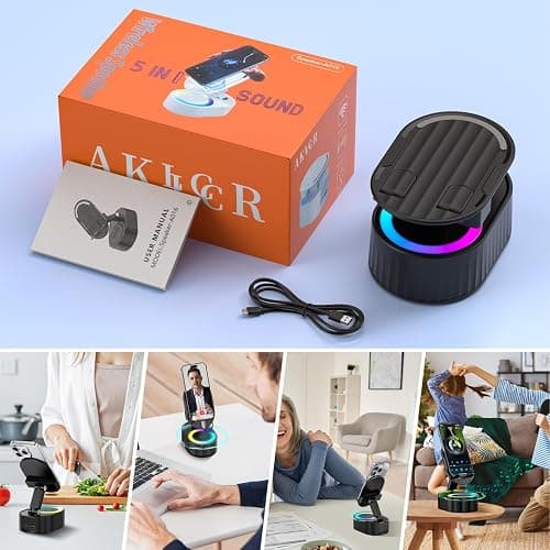 AKLLCCR Wireless Induction Audio Bluetooth Speaker 5in1 Phone Holder Emergency Rechargeable (3000mAh) with Colorful Ambient Light 300° Foldable for Tablet iPhone Android, Gifts for Men Women (Black) thumbnail 8