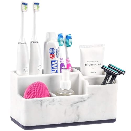 VITVITI Toothbrush Holder for Bathroom, Bathroom Storage Organizer, Small Counter Stand Accessories, for Toothpaste/Vanity Countertop, 5 Compartments Drainage Organization, White Resin of Marble Color - Image 1