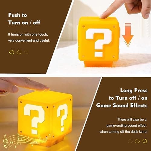 TLAOTNIY Super Bros Mini Question Block Night Lights - USB Powered Bedside Lamp with Game Sound Effects - Gift for Friends & Fans thumbnail 5