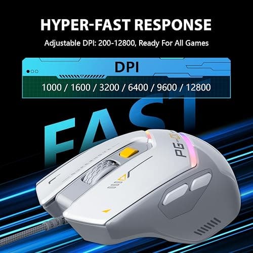 INPHIC PG1 Wired Computer Gaming Mouse Ergonomic, 12800 DPI High-Precision, 6 Programmable Buttons, RGB Backlit for Gaming - White Gray thumbnail 3