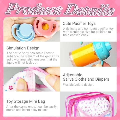 15Pcs Baby Doll Accessories Magic Bottle Set,Pretend Play Feeding Toy with Juice Milk Bottles,Sippy Cups,Pacifiers,Bowl Spoons,Bib,Diaper,Dolls Feeding Kit for Kids Girls,Party,Gift thumbnail 5