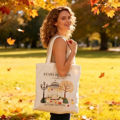 Leseogye Stars Hollow Stofftasche, Gilmor Jutebeutel, Funny TV Show Handtasche Damen, Aesthetic Leinwand Einkaufstasche mit Langen Henkeln, Stoffbeutel Bedruckt für Reise für Fans, 40x35cm thumbnail 2
