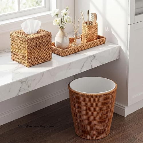 Cinnvoice 5 Pcs Boho Bathroom Accessories Set, Wicker Rattan Bathroom Decoration Includes Tissue Box Cover Toothbrush Holder Vanity Tray and Trash Can for Farmhouse Bedroom Toilet Countertop thumbnail 6
