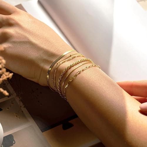 6-stückiges Set goldfarbene 14K Edelstahlarmbänder für Frauen - Charm-Armbänder, wasserdicht, hochwertiger Schmuck thumbnail 4