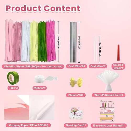 600 PCS Pipe Cleaners Craft, 6 Colors Pipe Cleaner Bulk Flower Kit, Chenille Stems Bulk with Floral Wires, Gardening Tape, Stamen, Wrapping Paper & Ribbon, DIY Art and Craft Supplies - Pink Gradient thumbnail 4