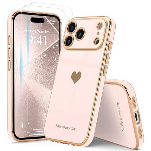 Teageo for iPhone 17 Pro Case with Screen Protector [2 Pack] Girl Women Cute Girly Love-Heart Luxury Gold Soft Cover Camera Protection Shockproof Phone Case for iPhone 17 Pro, Light Pink thumbnail 6