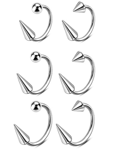 OUFER Snake Bites Lip Piercing Jewelry 16G Lip Rings, 6PCS 8/10/12MM Horseshoe Long Short Spike/Ball Labret Rings, 316L Surgical Steel Septum Helix Conch Piercing Jewelry - Image 1