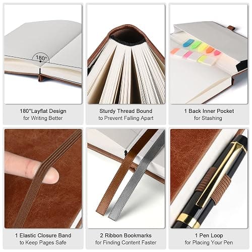 College Ruled Notebook, Large B5 Hardcover Leather Journal, 314 Numbered Pages Writing Journal, 100gsm No Bleed Paper, Lined Journal Notebook for Women Men School Office, 7.6'' X 10'', Brown thumbnail 3