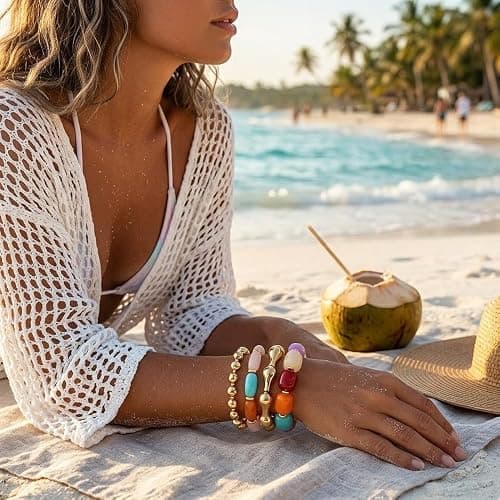 DIOWUS Colorful Beaded Bracelet Set For Women, 4pcs Gold Tone Chunky Stackable Resin Acrylic Bead Stretch Bracelets Boho Summer Beach Gift Jewelry thumbnail 2