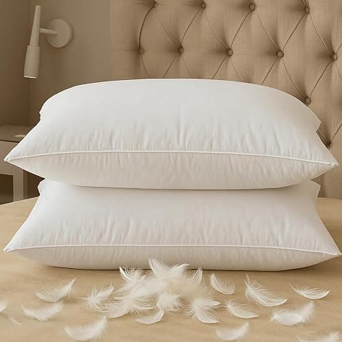 BHZ Down Feather Standard/Queen Pillows Set of 2 Pack, Luxury Hotel Collection Goose Bed Pillows for Sleeping Firm Soft Support for Side, Back, Stomach Sleepers for College Dorm Essentials, White - Image 1