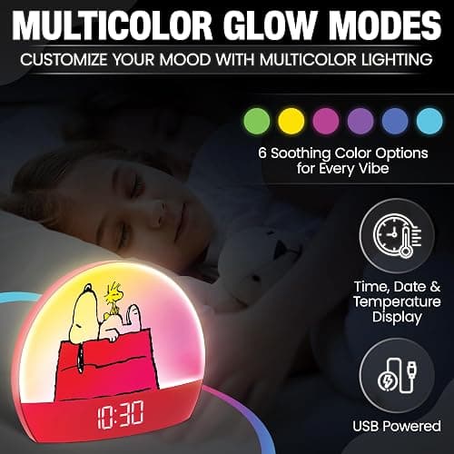 Peanuts Snoopy Sunrise Alarm Clock – Vibrant Snoopy Edition with Multicolor Lights, USB Charging, LED Display, Gentle Wake-Up Simulation, and Handy Snooze Function, Red thumbnail 4