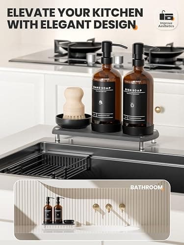 [Luxury] Kitchen Soap Dispenser Set - 16OZ Amber Glass Bottle, Stainless Steel Pump, Instant Dry Tray, Waterproof Labels, Non-Slip Silicone Pad, and Dish Brush | Upgrade for Your Kitchen and Bathroom thumbnail 5