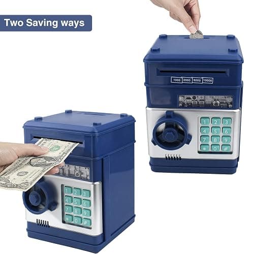 HUSAN Great Gift Toy for Kids Code Electronic Piggy Banks Mini ATM Electronic Coin Bank Box for Children Password Lock case (Grey Blue) thumbnail 3